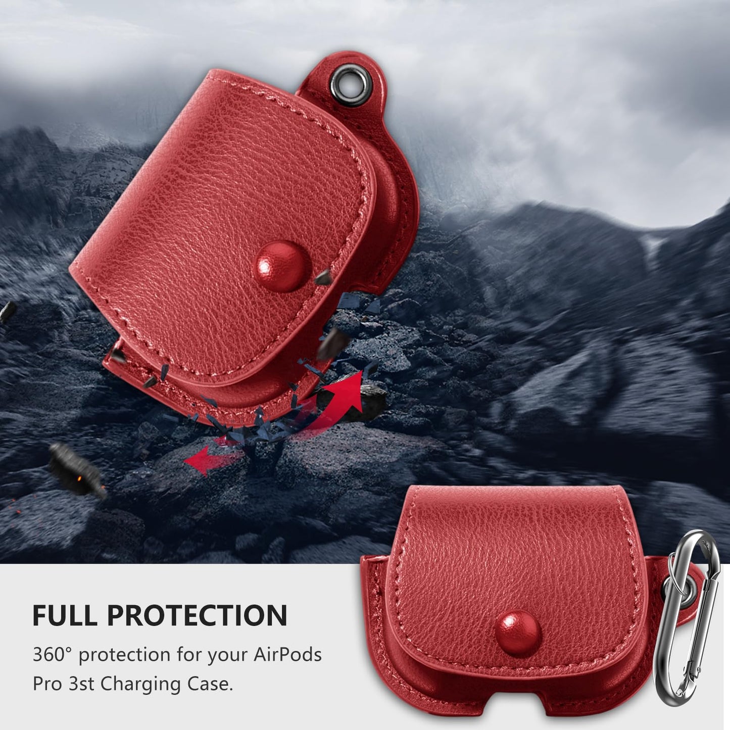 Haeuorey for AirPods Pro 3 Leather Case with Keychain and Cleaning Kit,Soft PU Shockproof Protective Cover for AirPods Pro 3 (2025) Wireless Charging Case with Keychain and Snap Lock (Red)