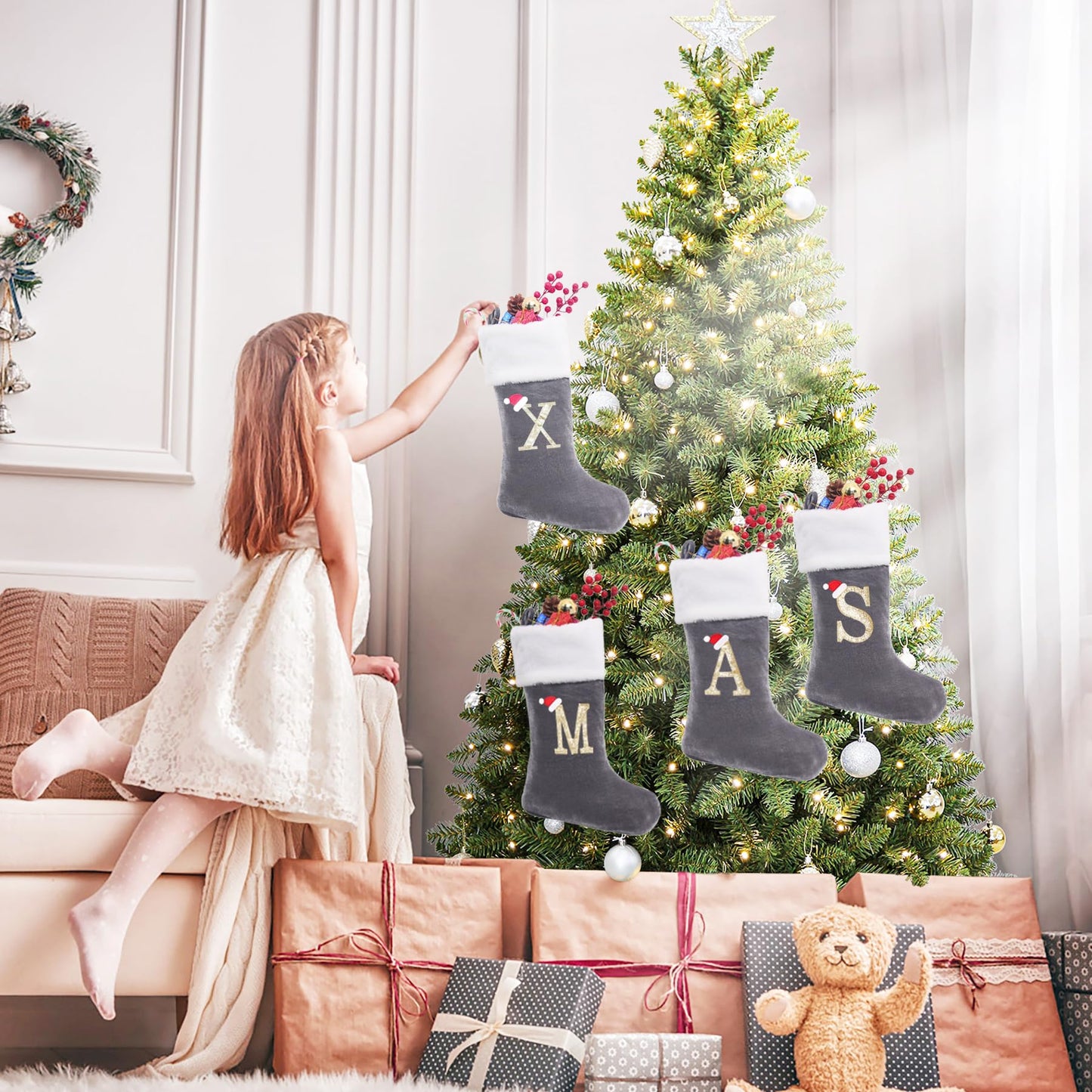 Sailup 20 Inches Monogram Christmas Stockings with Letters, Large Super Soft Christmas Stockings Grey Velvet with White Super Soft Plush Cuff for Christmas Xmas Tree Holiday Fireplace Grey