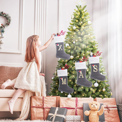Sailup 20 Inches Monogram Christmas Stockings with Letters, Large Super Soft Christmas Stockings Grey Velvet with White Super Soft Plush Cuff for Christmas Xmas Tree Holiday Fireplace Grey