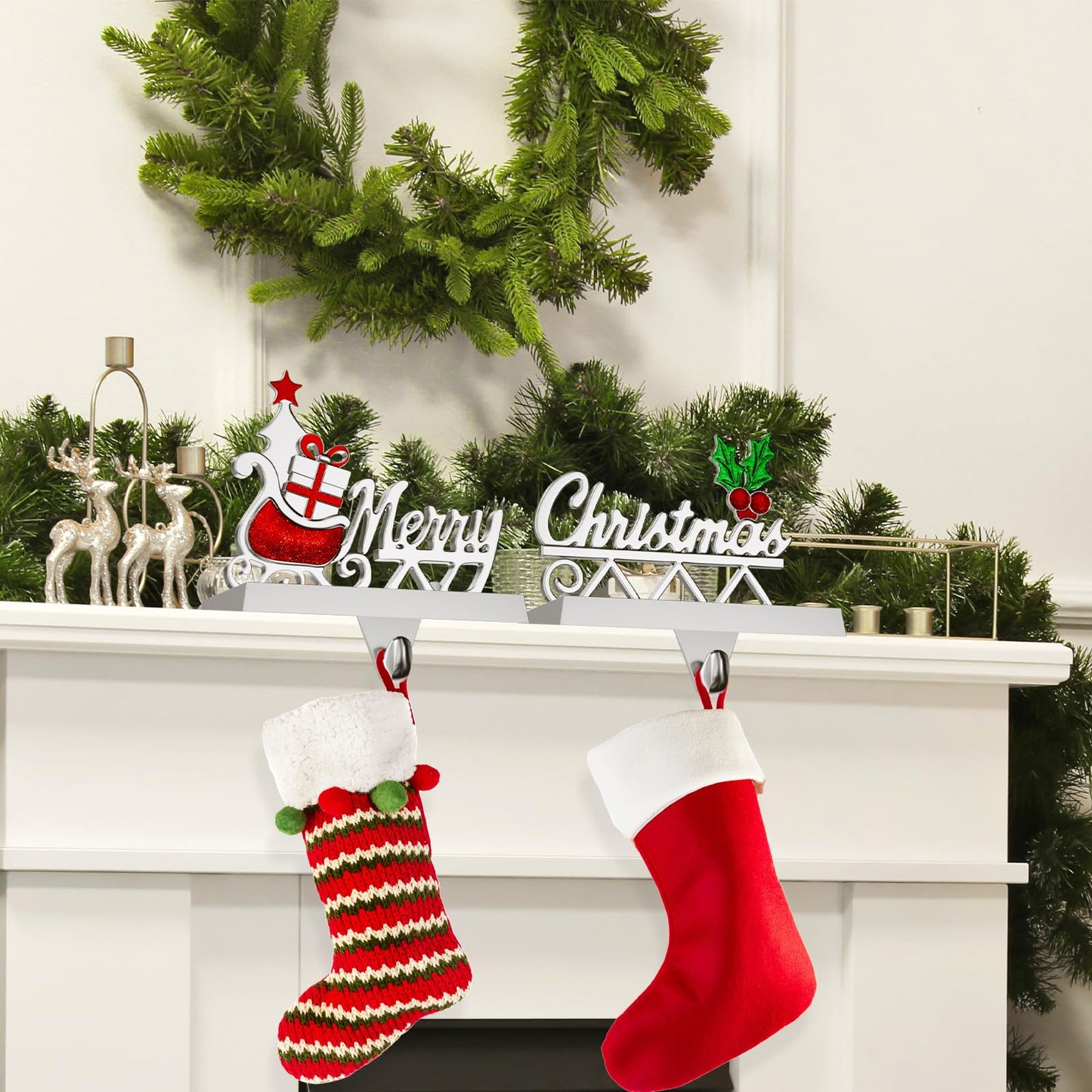 Homyplaza Christmas Stocking Holders for Mantle Weighted Metal Stocking Hangers Hooks for Fireplace Christmas Decorations (Set of 2)