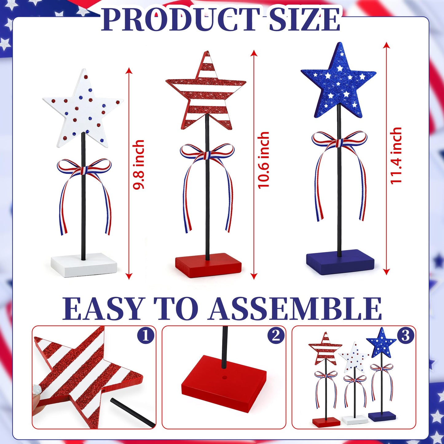 3 Pcs 4th of July Table Decoration Wooden Sign, Glitter Red White Blue Star Patriotic Table Centerpiece Fourth of July Tabletop Decorations Memorial Day Tiered Tray Decor for Home Office