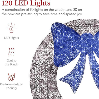 Best Choice Products 36in Pre-Lit Outdoor Christmas Wreath Decoration, LED Metal Holiday Decor for Home w/ 120 Lights, Bow - Hanukkah Silver/Blue
