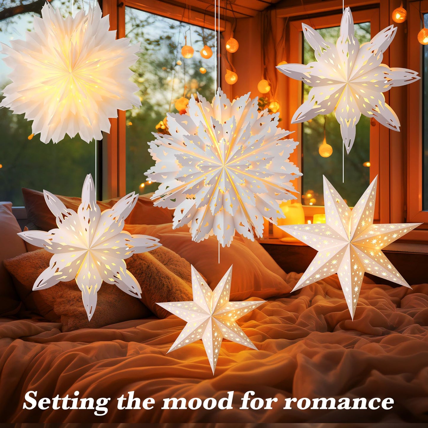 Watersay 6 Pack Christmas in July Snowflake Paper Lantern Summer Christmas Star Paper Lanterns with 6 LED Light White Hanging Lamp Ornaments for Xmas Weddings Birthday Party Decoration(Stylish Style)
