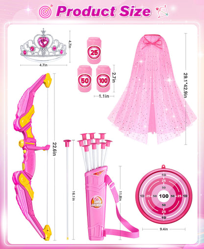 DUDUCOFU Kids Bow and Arrow Set Toys for Girls, LED Light Up Archery Bow Set with Princess Cape and Crown, 10 Suction Cup Arrows, Indoor and Outdoor Play Birthday Gift Toy for Kids Boys Girls