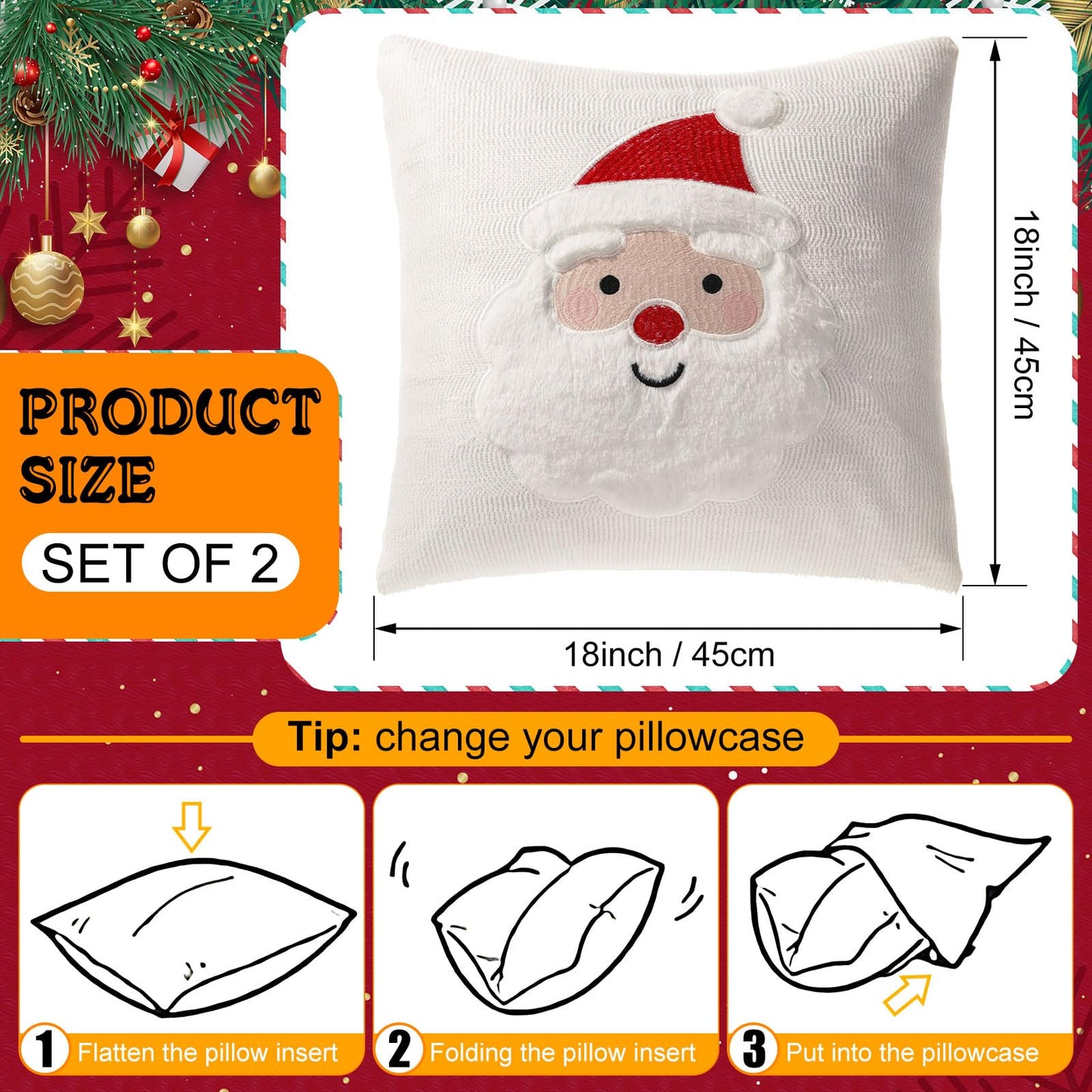 Tranqun 2 Pcs Christmas Pillow Covers, Santa Claus Square Embroidered Throw Pillow Covers for Christmas Winter Decoration for Bed and Sofa (18x18 Inch)