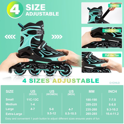 2PM SPORTS Vinal Girls Adjustable Flashing Inline Skates, All Wheels Light Up, Fun Illuminating Skates for Kids Women and Men Adults Boys - Mint Extra Large