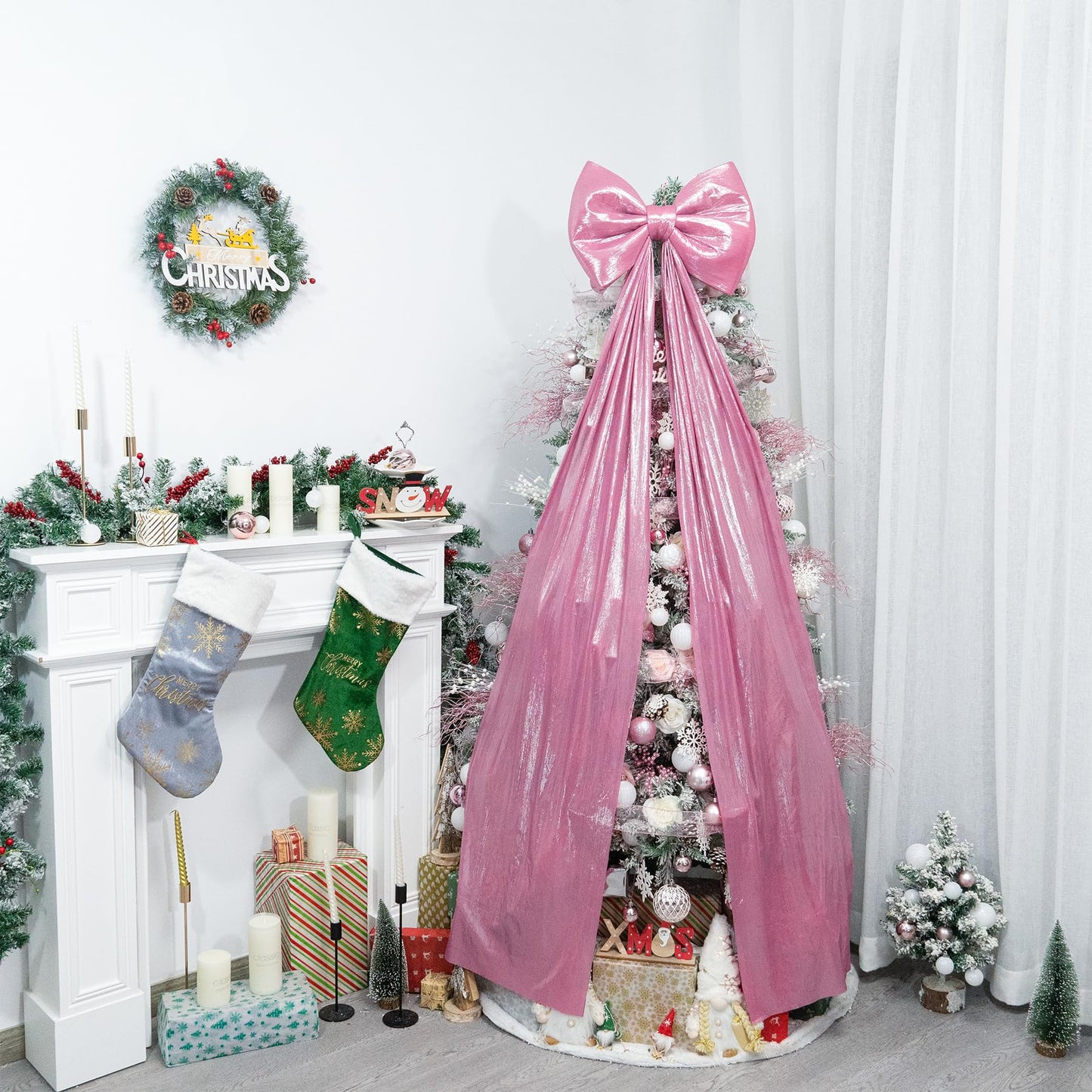 Hismir Christmas Tree Topper Bow，67x16 Inch Extra Large Room Decor Ribbon Bow for Wedding Engagement Birthday Party，Giant Xmas Bow Decorations for Home Wreath Door Wall(Pink)
