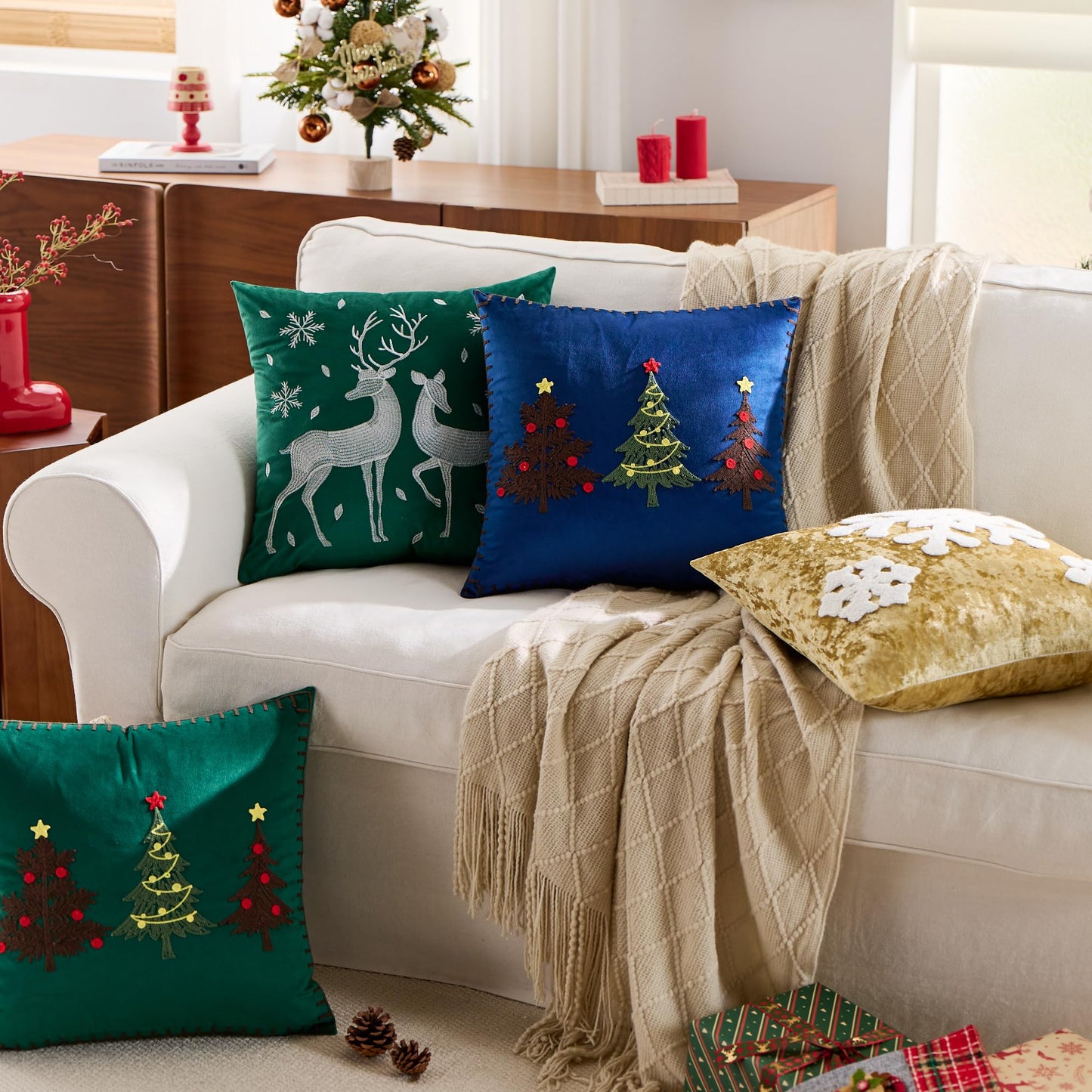 KINDREX Christmas Tree Throw Pillow Covers 18x18 Set of 2 Winter Holiday Decorative Navy Blue Embroidered Luxurious Soft Velvet Accent Pillowcase for Sofa Couch Bed Living Room Festivals Home Decor