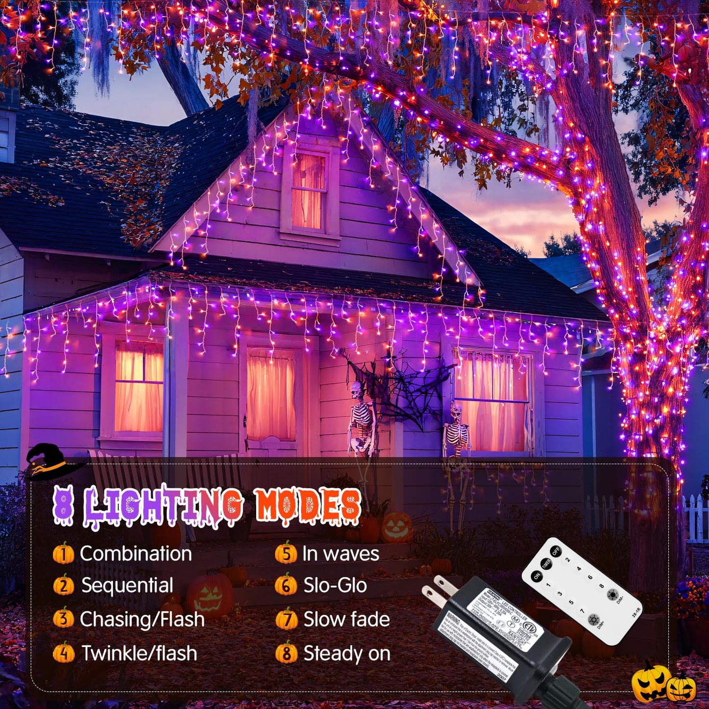 JMEXSUSS 400 LED Orange and Purple Christmas Lights Outdoor, 38.8 FT Orange and Purple Icicle Light Outdoor Waterproof, 8 Modes Halloween Lights Plug in for House Christmas Party Decorations