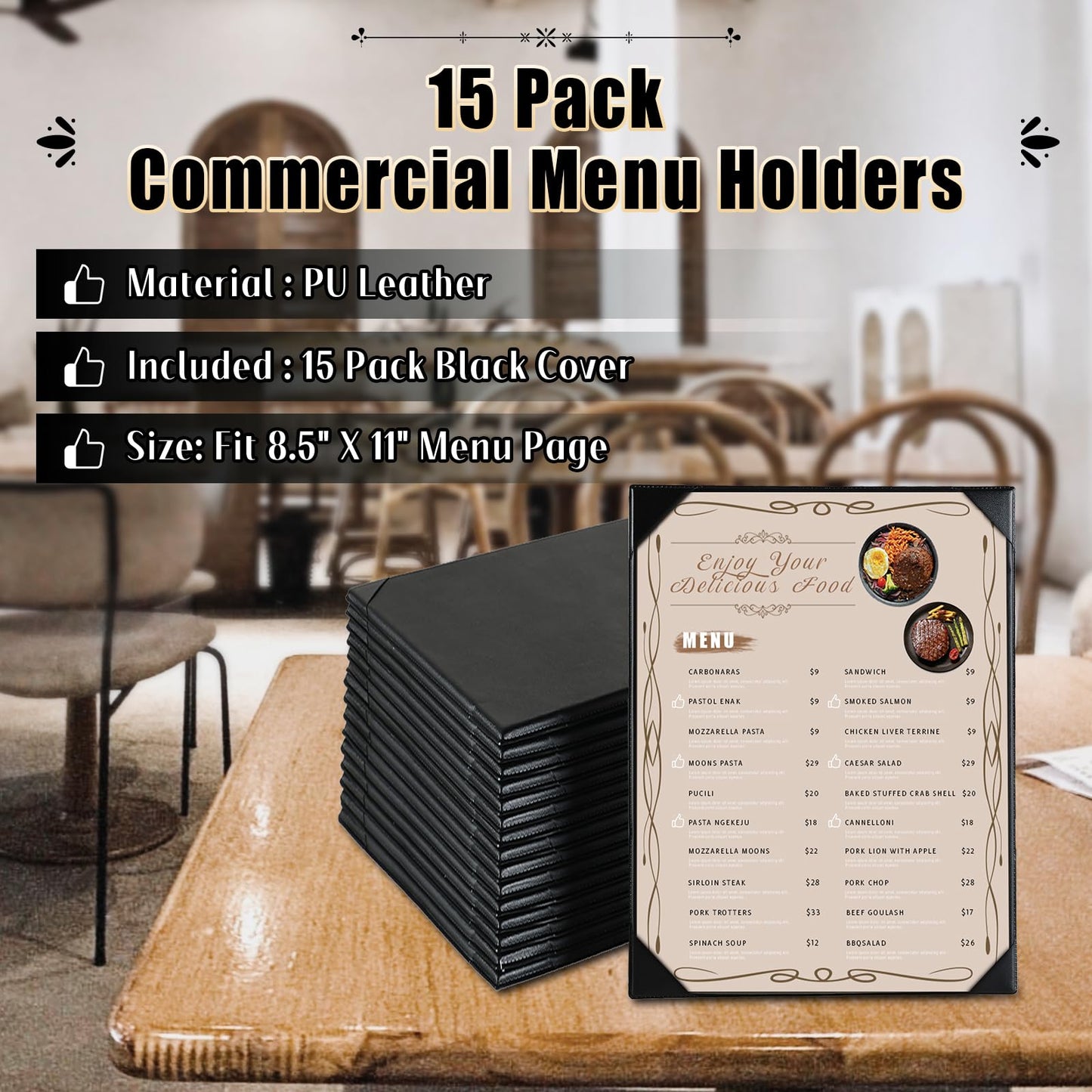FLKQC 15 Pack Restaurant Menu Covers Holders 8.5" X 11", Single View Synthetic Leather Menu Holder Covers Book Style with Angled Corners Black for Wine List, Menu Sleeves Home Use (15, 1 Page)