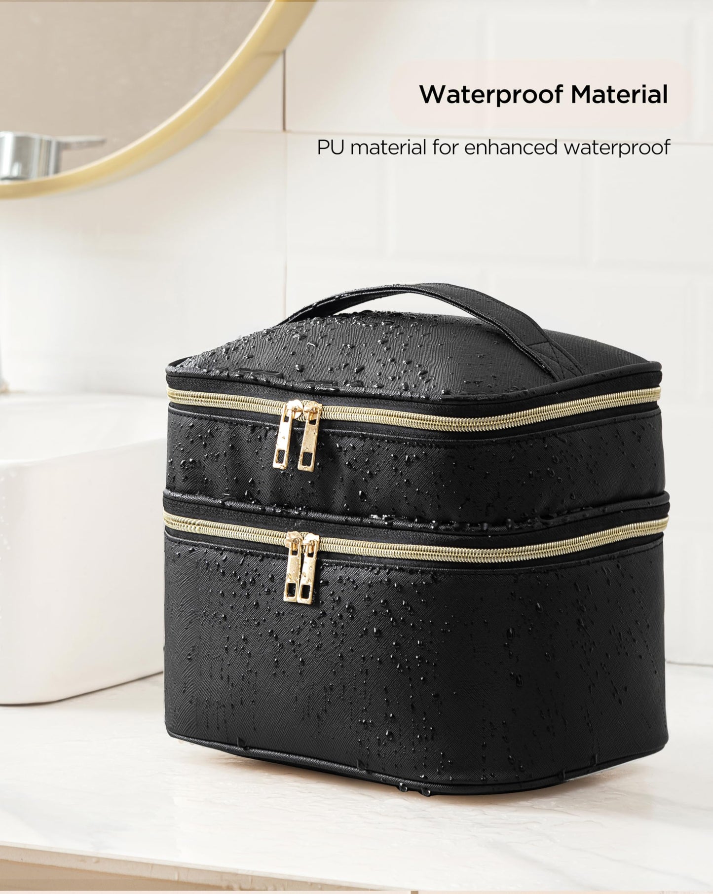 HBlife Double Layer Travel Makeup Bag Portable Cute Leather Cosmetic Bag Large Make Up Bag Makeup Case Organizer Toiletry Bag for Women Girls with Handle and Removable Divider(Black)