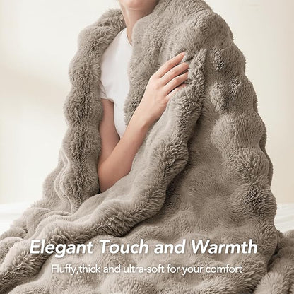 L'AGRATY Faux Rabbit Fur Blanket: 60" x 80" Twin Luxury Soft Fluffy Thick Fur Throw Blanket for Couch Bed Sofa - Cozy Plush Bubble Blankets for Winter: Flannel Fleece Decorative Blanket(Castle Grey)