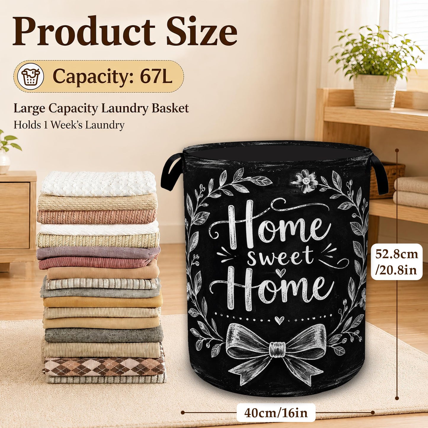 Sweet Home Wreath Large Clothes Hamper, Portable Collapsible Laundry Basket with Handles, Freestanding Storage Bin for Bedroom Bathroom Dorm Laundry Room