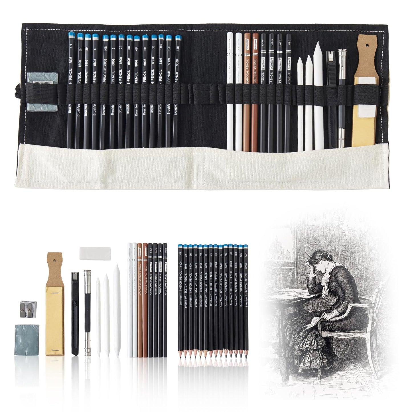 LEONHOME Professional Sketching Pencil Set with Full Hardness Range (3H–14B) – Graphite & Charcoal Pencils with Portable Canvas Pouch