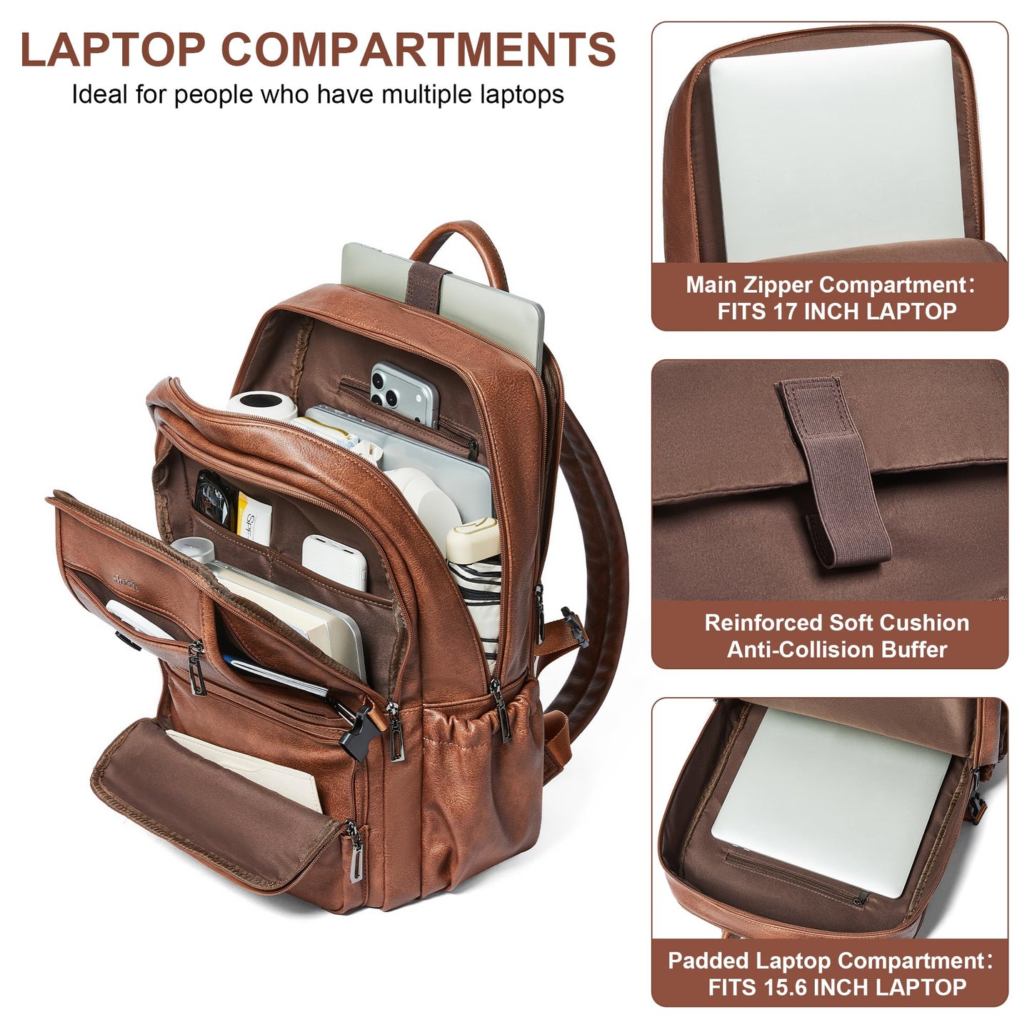 Shrrie 17 Inch Laptop Leather Backpack Work Laptop Backpack Purse for Women Mens Travel Back Pack Large Capacity for Business College Women Convertible Tote Brown Backpack Computer Purse