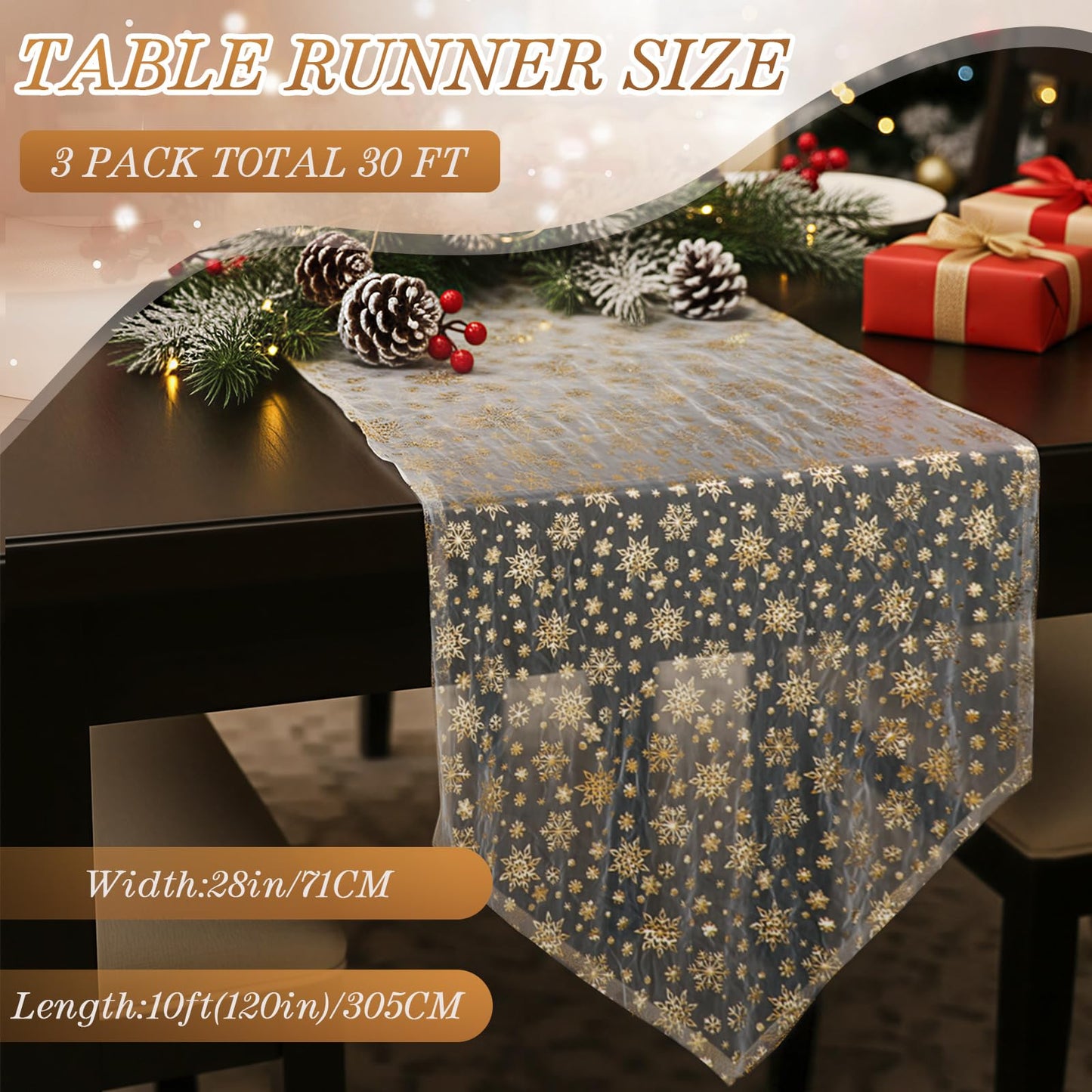Newwiee 3 Pcs 120 Inch Christmas Gauze Table Runner Beige Gold Winter Snowflake Glitter Metallic Sequin Chiffon Tulle Party Table Decor Centerpiece for Wedding Xmas Baby Shower Birthday