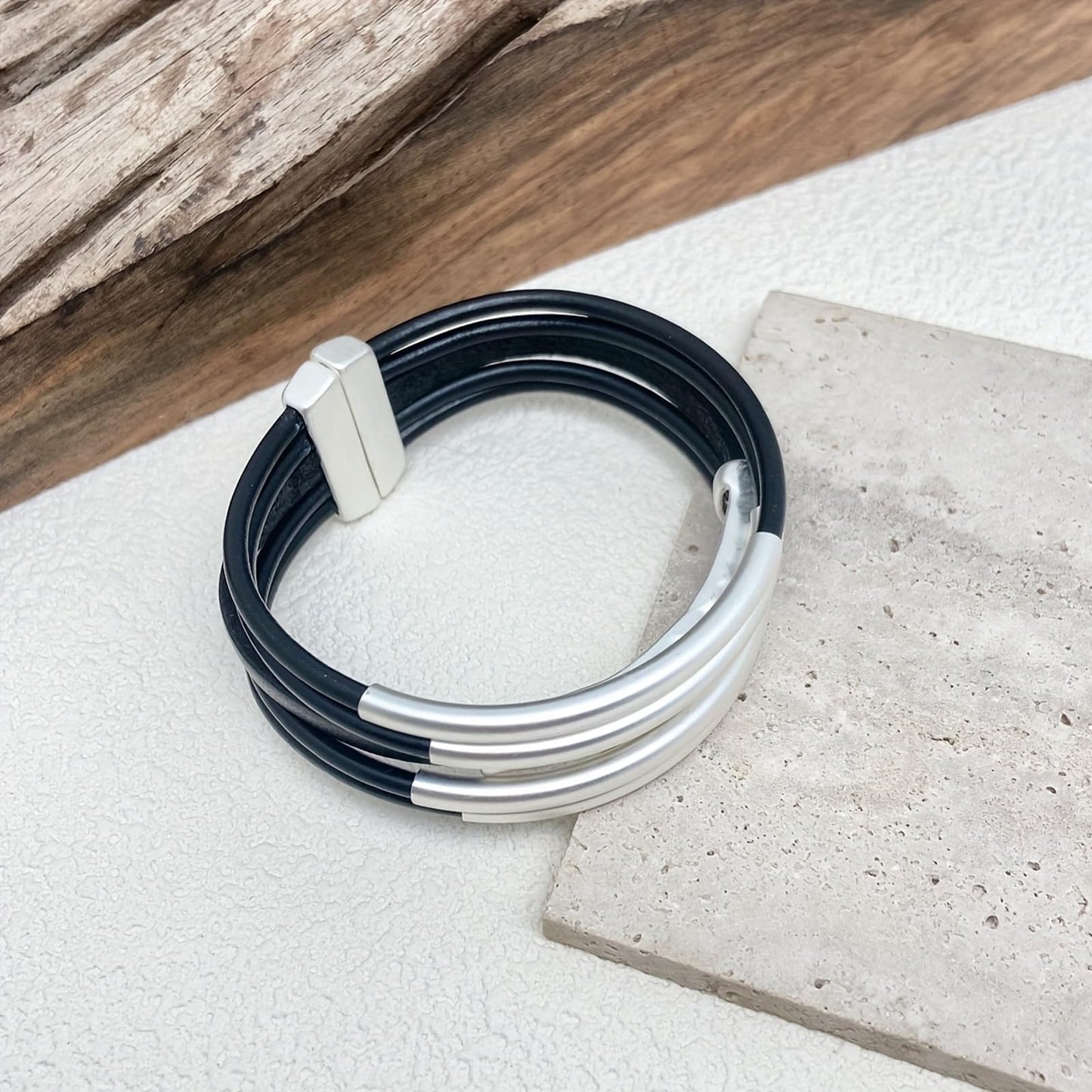 YKKZART Leather Bracelets Multilayer Black Leather wrap Bracelets Chunky Silver Tube Bangles Bracelets for Women