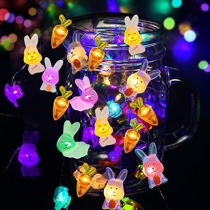 Easter Decorations Bunny Carrot String Lights, 16 ft 50 LED Spring Rabbit Lights for Lawns Garden Outdoor Holiday Party Easter Basket Stuffers (2 Pack)
