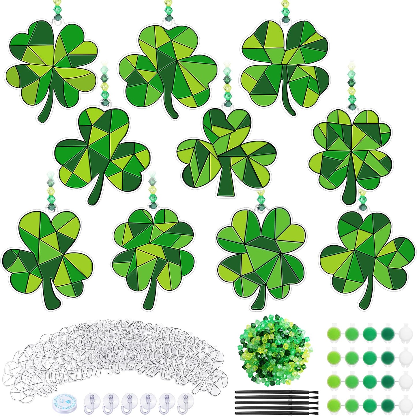 Beeveer 30 Sets St. Patricks Day Shamrock Clover Suncatchers Window Art, Lucky DIY Irish Sun Catchers Bulk Crafts Paint Your Own Window Ornaments for Adults Home Birthday Activity Party Decor
