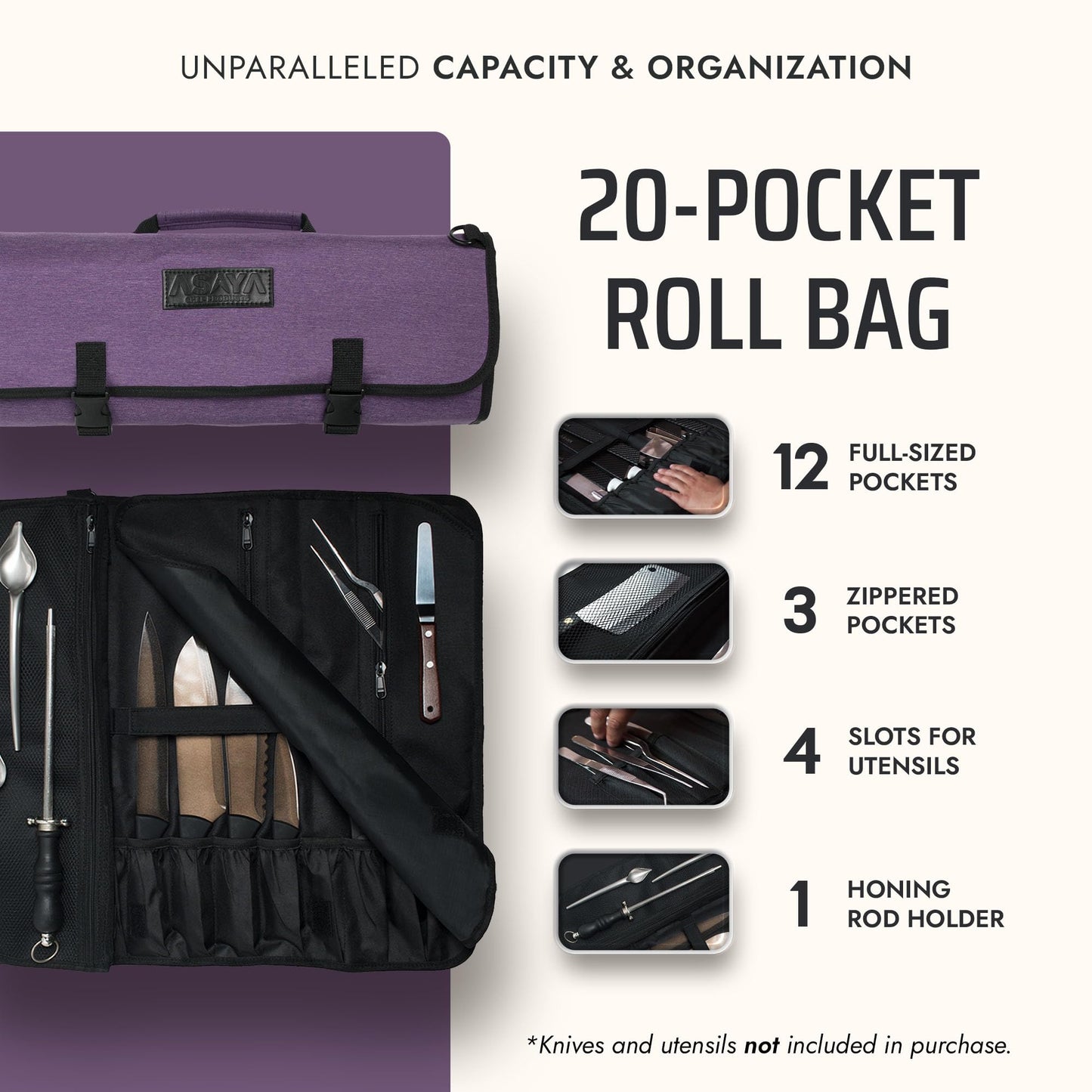 Asaya Waxed Nylon Chef Knife Roll Bag with 20 Slots and Zippered Pockets - Professional Chef Knife Bag & Storage Case, Tool Carrier with Shoulder Strap - Knives Not Included (Purple)