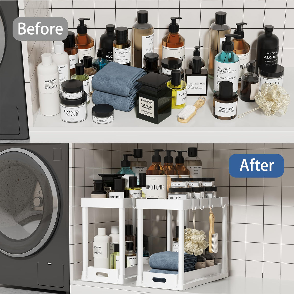 2PC Under Sink Organizer Rack 2 Tier Under Sliding Cabinet Basket Organizer Drawer with 4 Hooks, Multi-purpose Under Sink Storage for Bathroom Kitchen Desktop（Black）