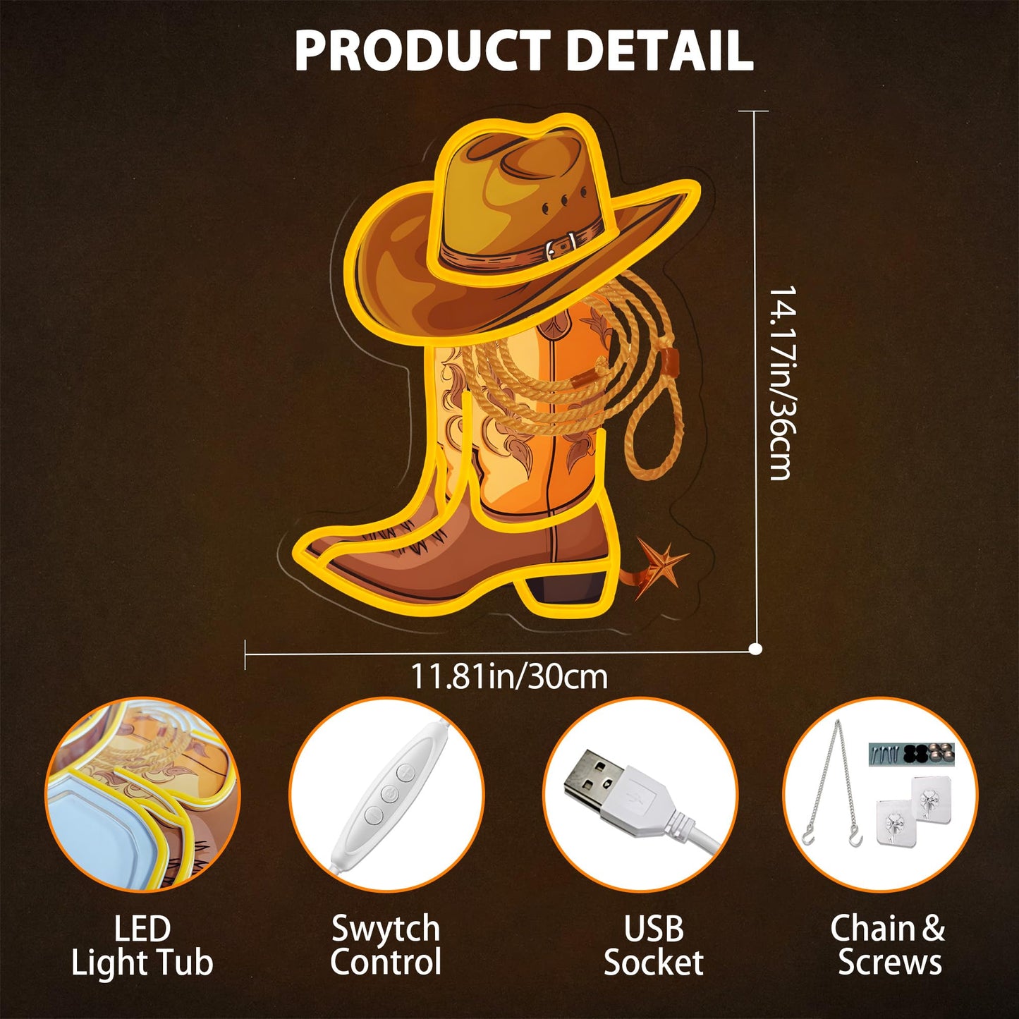 Cowboy Boot with Hat Lasso Neon Signs for Wall Decor, Led Pink Cowgirl Boot Neon Sign, Aesthetic Western Wall Art, Cowboy LED Sign for Room Bedroom Party Bar Decor Birthday Christmas Gifts (Golden)