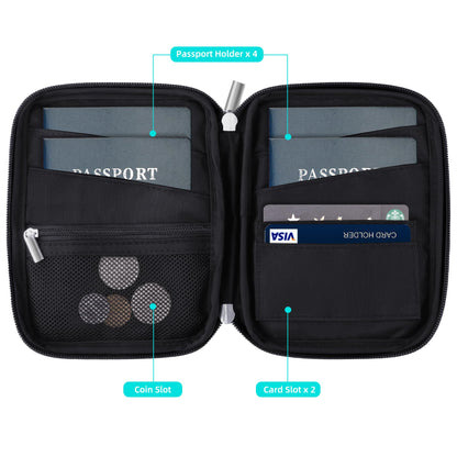 WALNEW Passport Holder Family for 4, RFID Blocking Travel Wallet Women Men, Lightweight Zipper Document Organizer Pouch Bag Credit Cards Case Cover for Travelling, Black