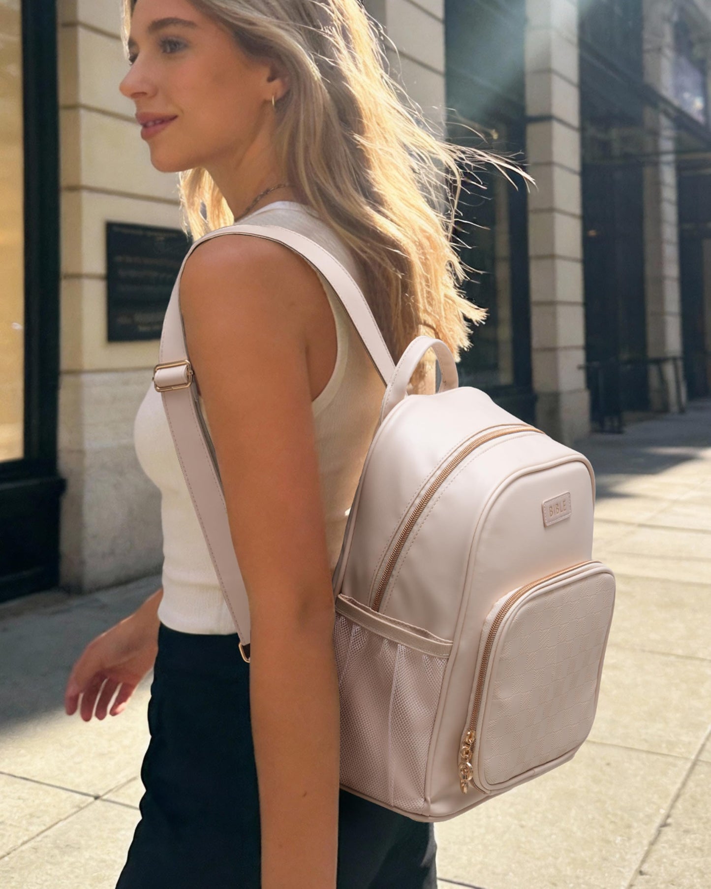 Premium Bible Backpack Set for Women - Stylish Checkered PU Leather Bible Bag with 72 Bible Tabs, 4 Highlighters & 2 Pens - Ideal for Church, Study & Travel