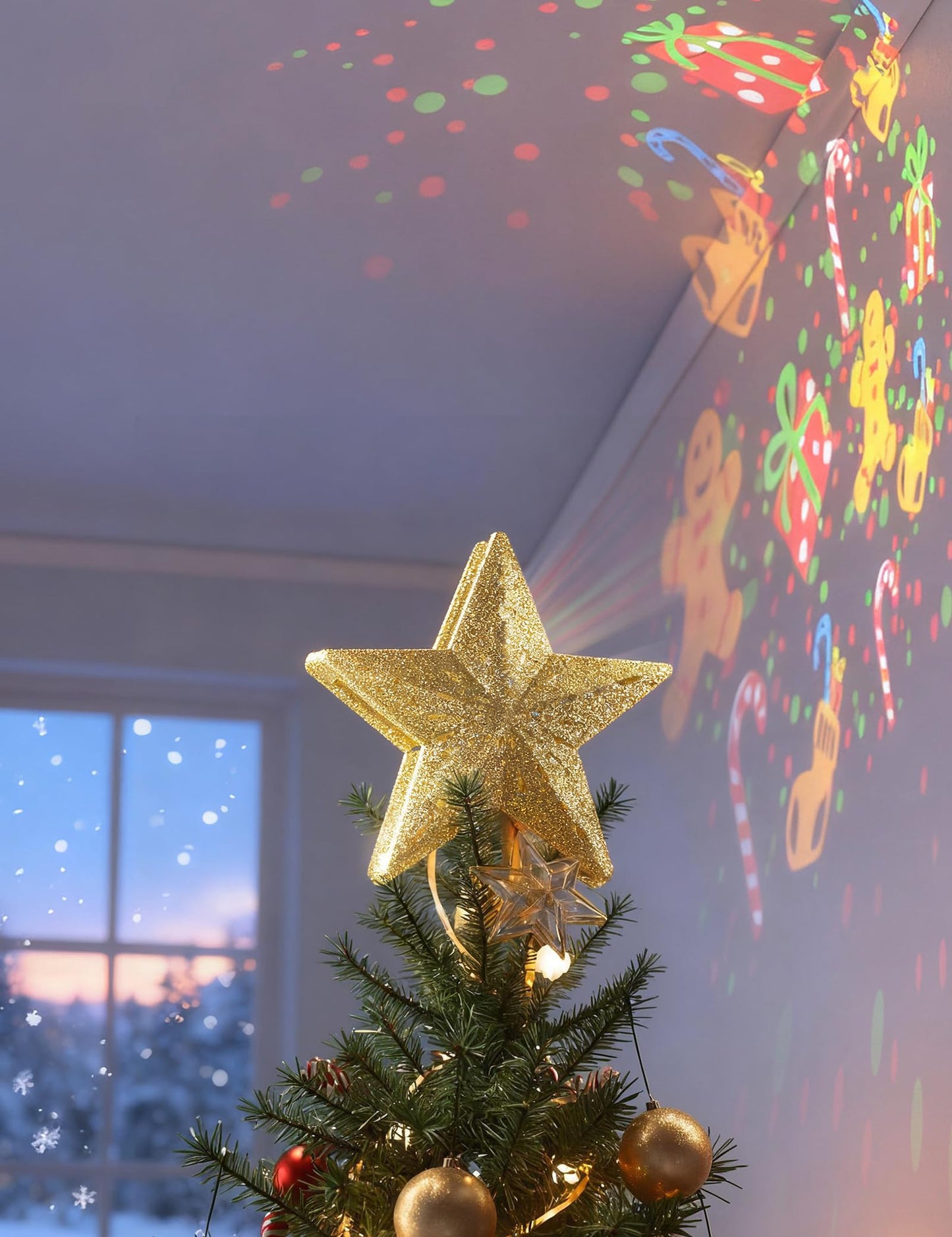 DG-Direct Christmas Tree Topper Lighted Star with 6 Projected Patterns,3D Hollow Sparkling Star Christmas Tree Topper with Rotating Magic Projector for Christmas Tree Ornament