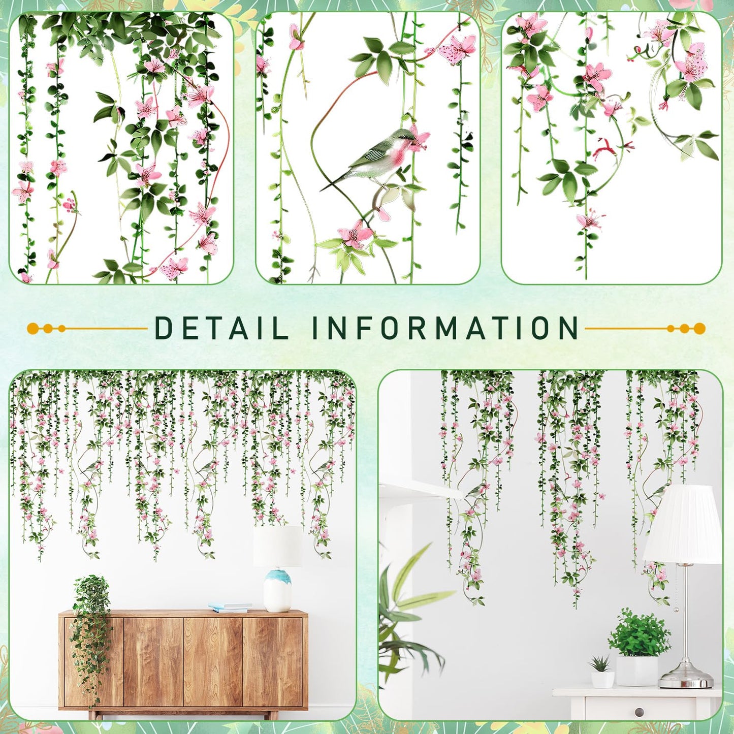 4 Sheets Hanging Vines with Flowers Wall Decals Green Plant Leaves Wall Stickers Pink Cherry Blossom Vine Wall Art Hanging Flower Tree Branches Bird Wall Murals for Kids Bedroom Nursery Decoration 20