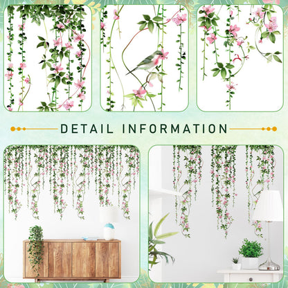 4 Sheets Hanging Vines with Flowers Wall Decals Green Plant Leaves Wall Stickers Pink Cherry Blossom Vine Wall Art Hanging Flower Tree Branches Bird Wall Murals for Kids Bedroom Nursery Decoration 20