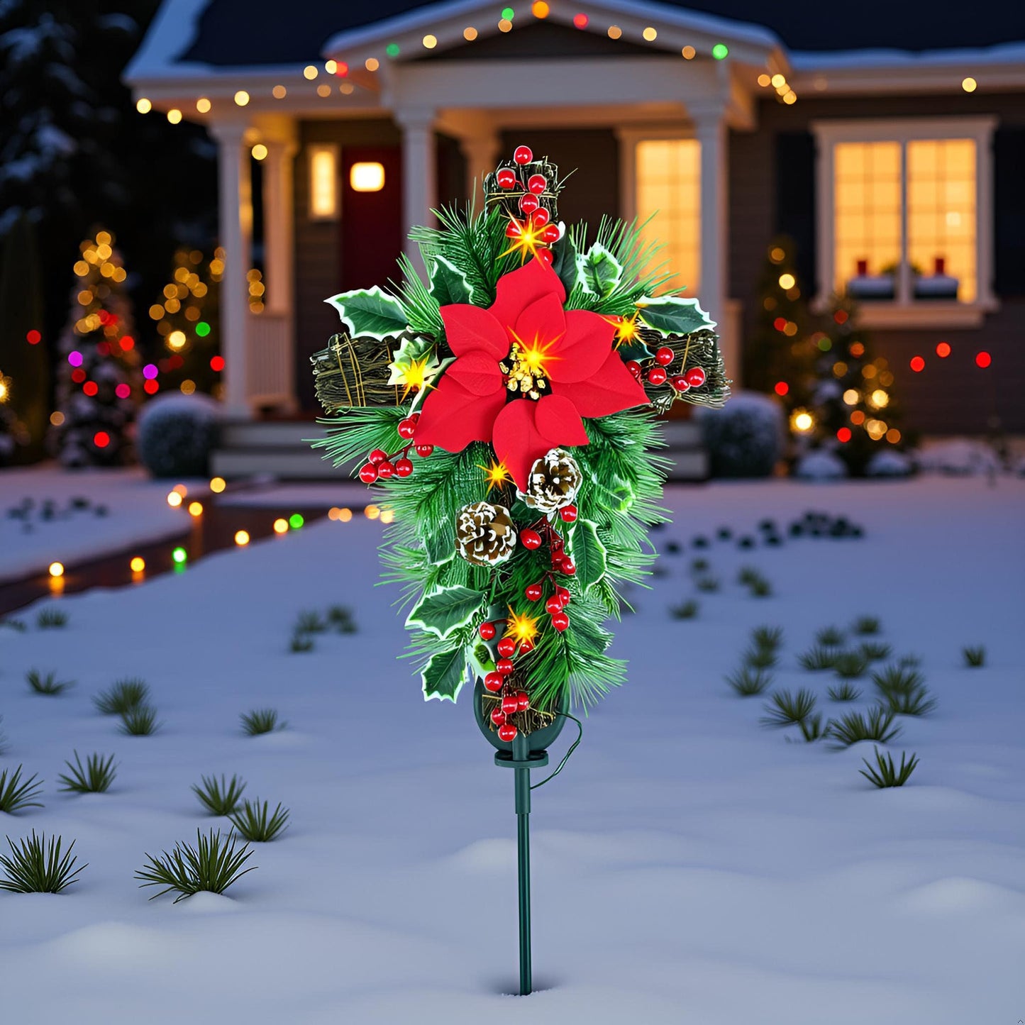 YULETIME 36" Christmas Cross Stake, Solar Powered with 15 Fairy Lights, Metal Cross, Natural Rattan, Red Poinsettia & Berries, Pine Cones, Pine Needles (Red)