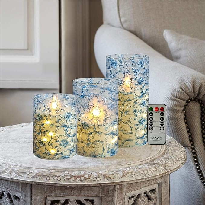 Flameless Candles with String Lights - Set of 3 Printed Remote Battery Operated Candle Flickering Floral LED Pillar Candles with Timer for Home Decor Romantic Ambiance,BL