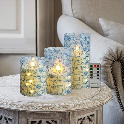 Flameless Candles with String Lights - Set of 3 Printed Remote Battery Operated Candle Flickering Floral LED Pillar Candles with Timer for Home Decor Romantic Ambiance,BL
