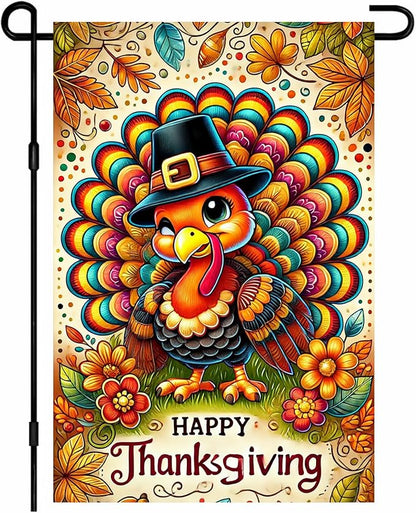 Thanksgiving Garden Flag Cute Turkey Pilgrim Hat 12x18 Inch Seasonals Outdoor Yard Banner Double Sided Fall Autumns Flags Decor For Girls or boys gifts Decrations Flags