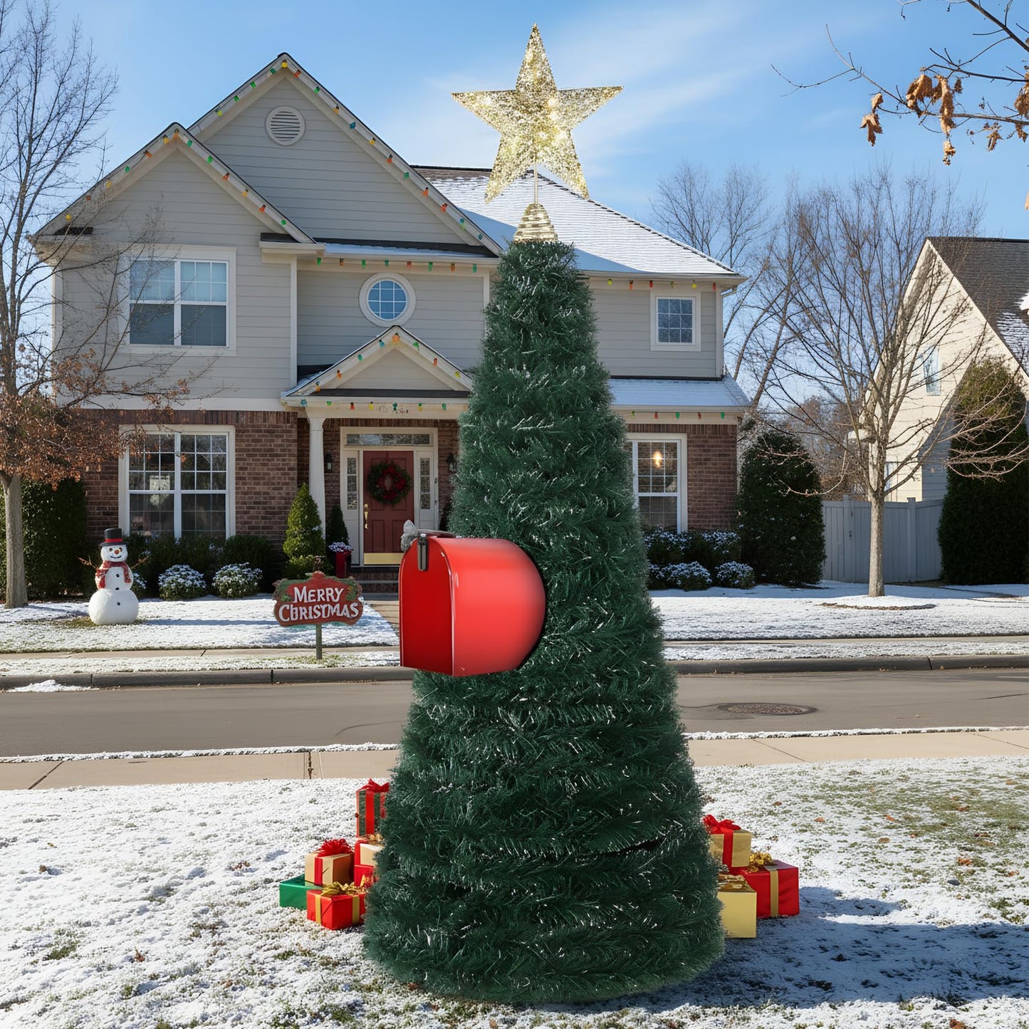 RoundFunny Mailbox Christmas Tree DIY Artificial Christmas Mail Box Swags Includes Metal Hexagonal Bracket 262.5 Ft Xmas Garland Xmas Star Topper for Home Outdoor Mail box Holiday Decor