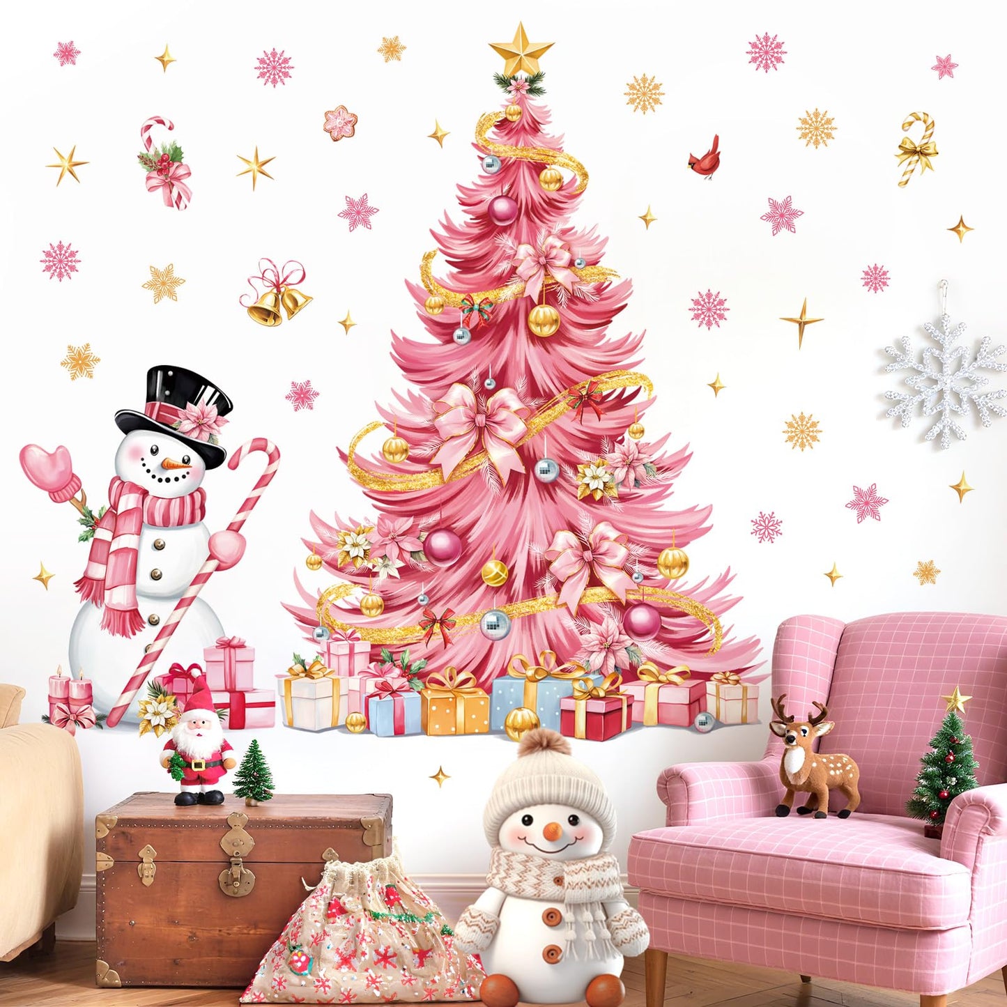 decalmile Large Pink Christmas Tree Window Wall Decals Xmas Tree Wall Stickers Pink Snowflakes Snowman Window Clings Christmas Party Door Home Wall Decorations