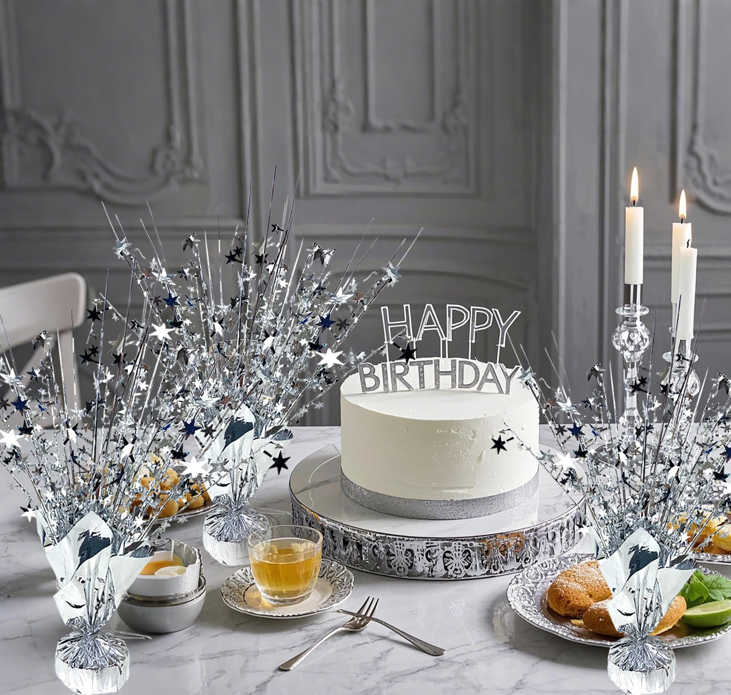 FUBININA 6 Pack Metallic Foil Spray Centerpiece Star Table Decoration Burst Glitter Tabletop Centerpieces for Birthday Christmas New Years Nye Wedding Graduation Holiday Party Supplies Decor, Silver
