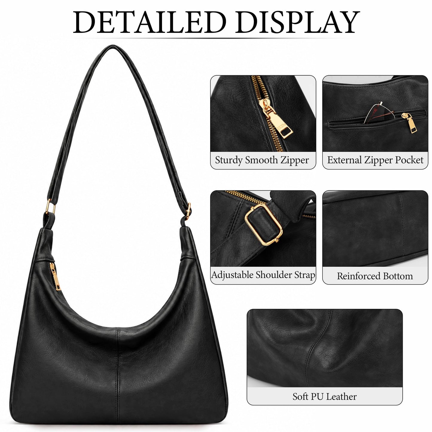 KKXIU Slouchy Hobo Bags for Women - Ultra Soft Foldable Shoulder Handbag Vegan Leather Tote Purse with Reinforced Zipper (Black)