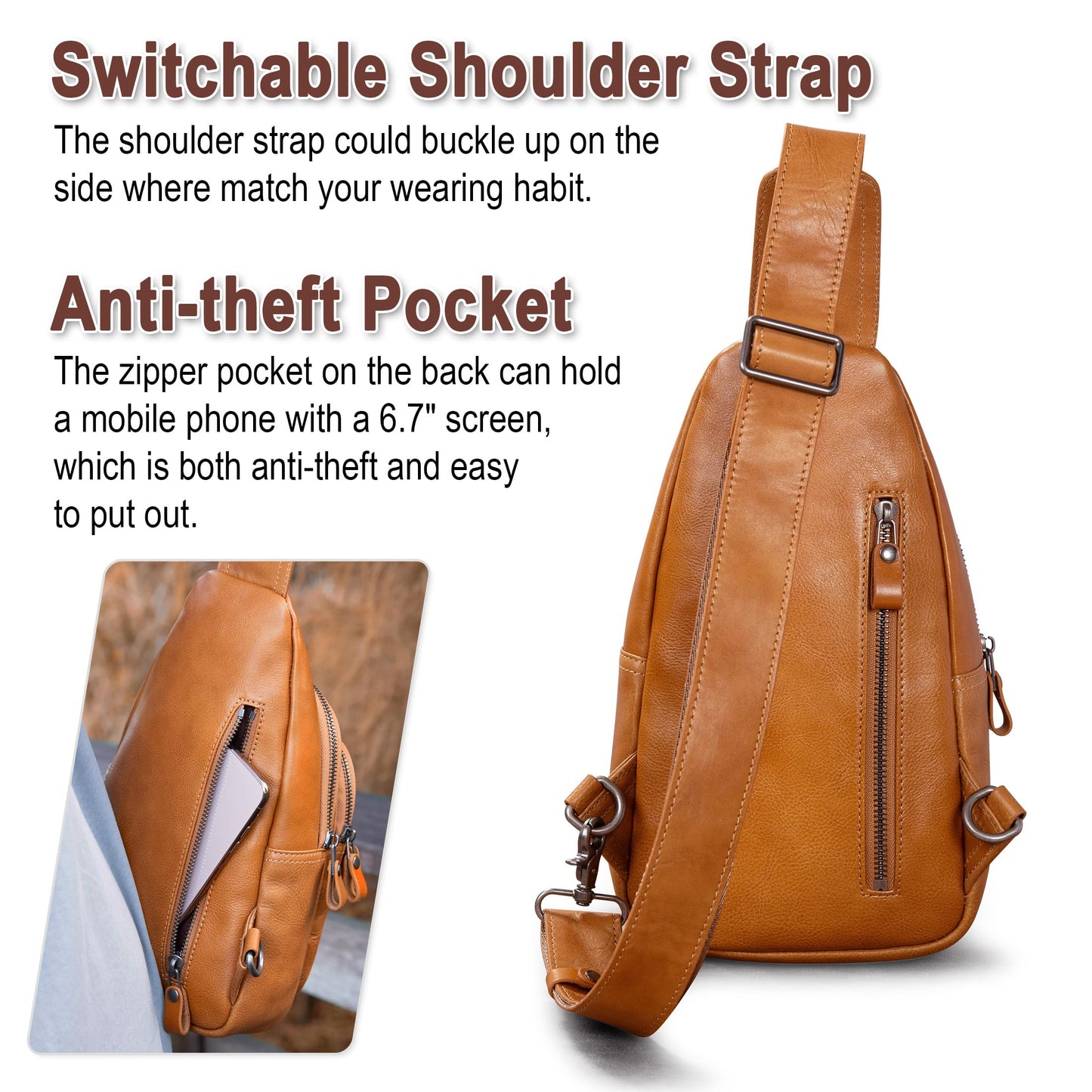 CENUNCO Genuine Leather Sling Bag for Men and Women Crossbody Shoulder Bag Sling Backpack Chest Purse Carry on Casual Daypack(Tan)