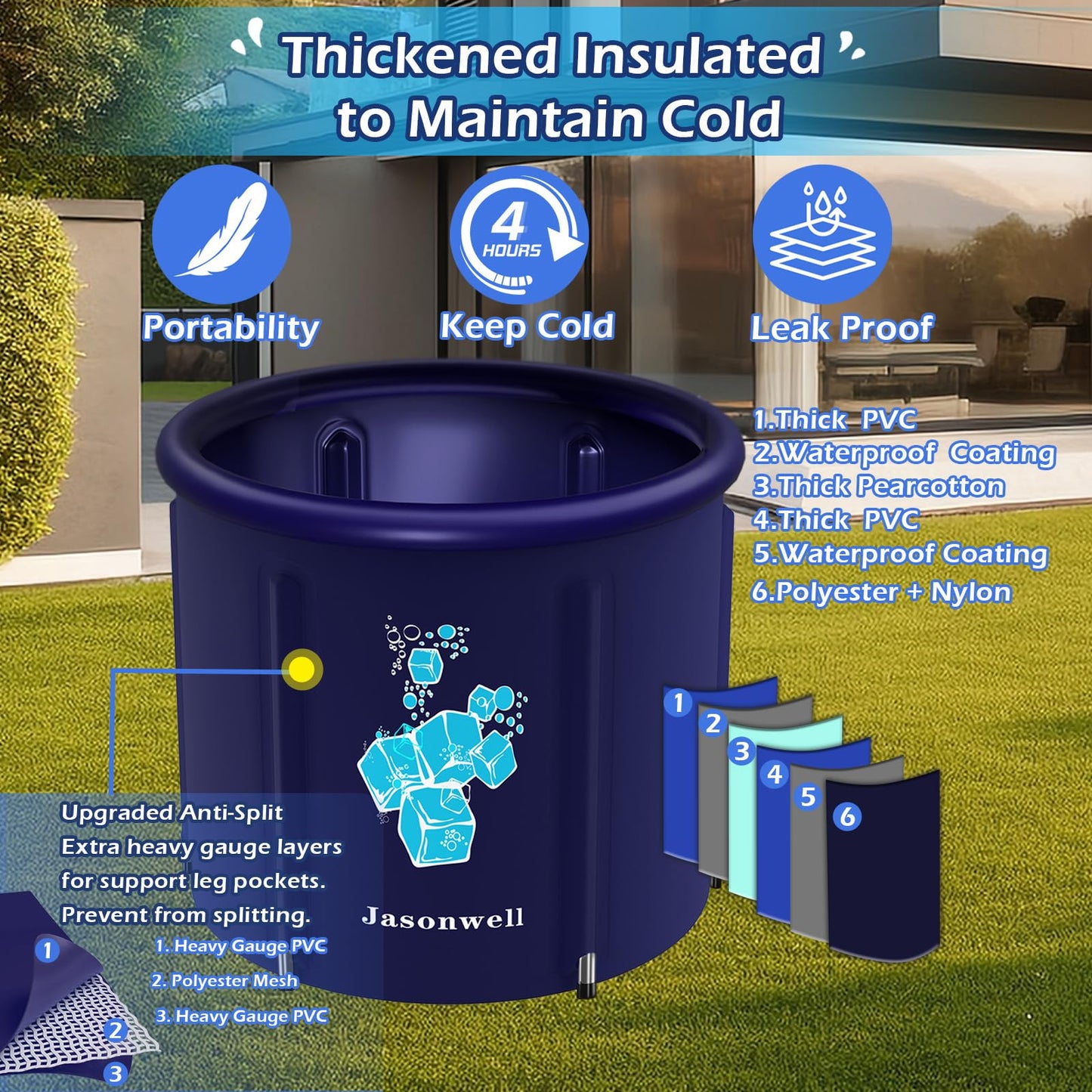 Jasonwell Ice Bath Tub for Athletes - Heavy Duty Cold Water Therapy Plunge Tub Ice Pod for Recovery Portable Ice Barrel Plunge Pool for Outdoor Inflatable Hot Tub Bathtub at Home for Adults