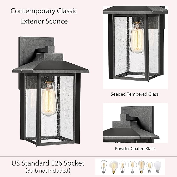 Bestshared Outdoor Wall Lights, Outside Sconce Light, Exterior Lighting Fixture, Outdoor Wall Lantern, Black Porch Lamp with Seeded Glass for Entryway, Garage (Black, 12.4" H)