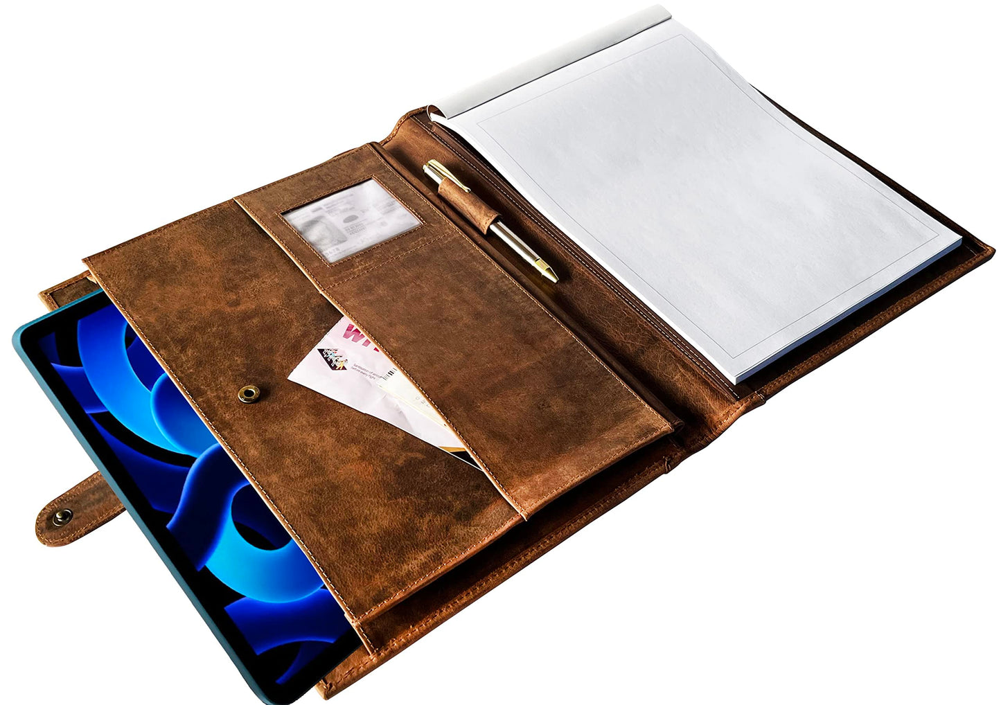 Leather A4 Conference Folder | Professional Organizer for Men and Women | Handmade Durable Leather Portfolio with Sleeves for Documents and Notepad by Rustic Town (Brown)