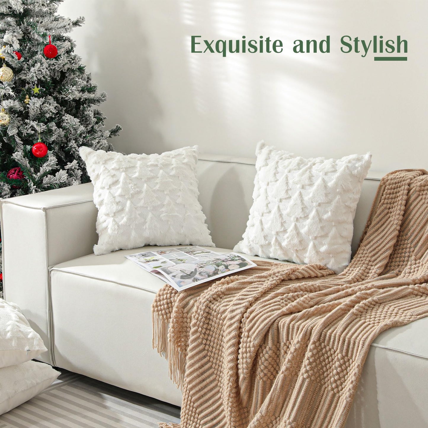 Lewondr Christmas Throw Pillow Cover 18x18, Set of 2 Super Soft Pillow Covers Velvet Christmas Tree Embroidery Decorative Throw Pillowcase for Living Room Bed Couch Sofa Car Home Decor, White
