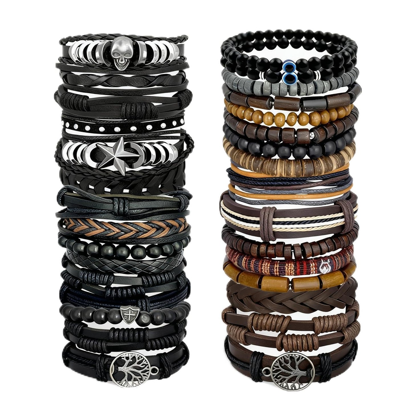 31Pcs Braided Leather Bracelets for Men Women Punk Wrap Cuff Bracelets Hemp Cords Wood Beads Ethnic Tribal Handmade Wrap Wristband Gothic Evil Eye Bracelets Set Adjustable Skull Skeleton Accessories