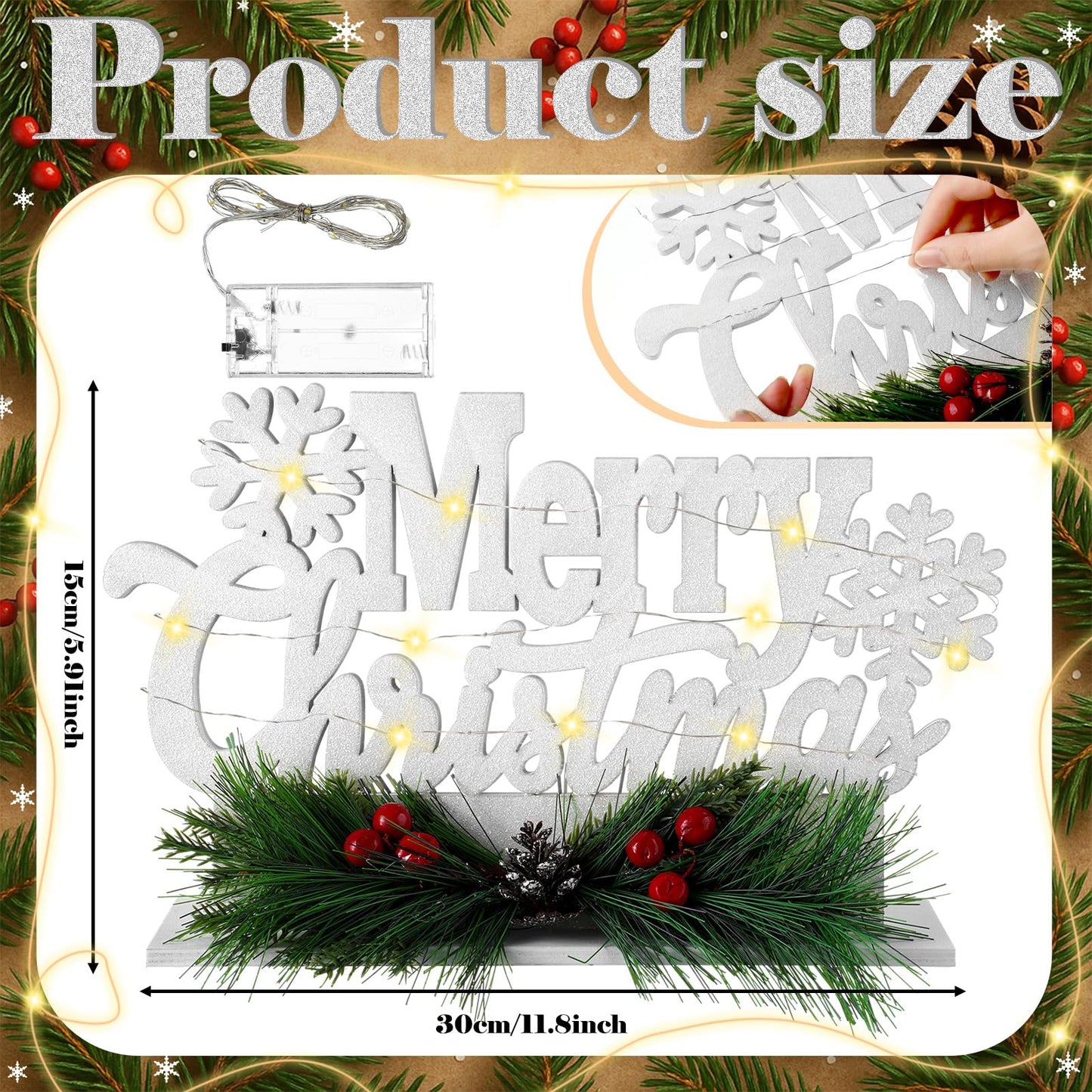 Leinuosen Merry Christmas Sign Wooden Christmas Table Sign with Holly and LED Light White Xmas Wooden Table Centerpiece for Mantel Fireplace Shelf Xmas Party Home Tabletop Decoration