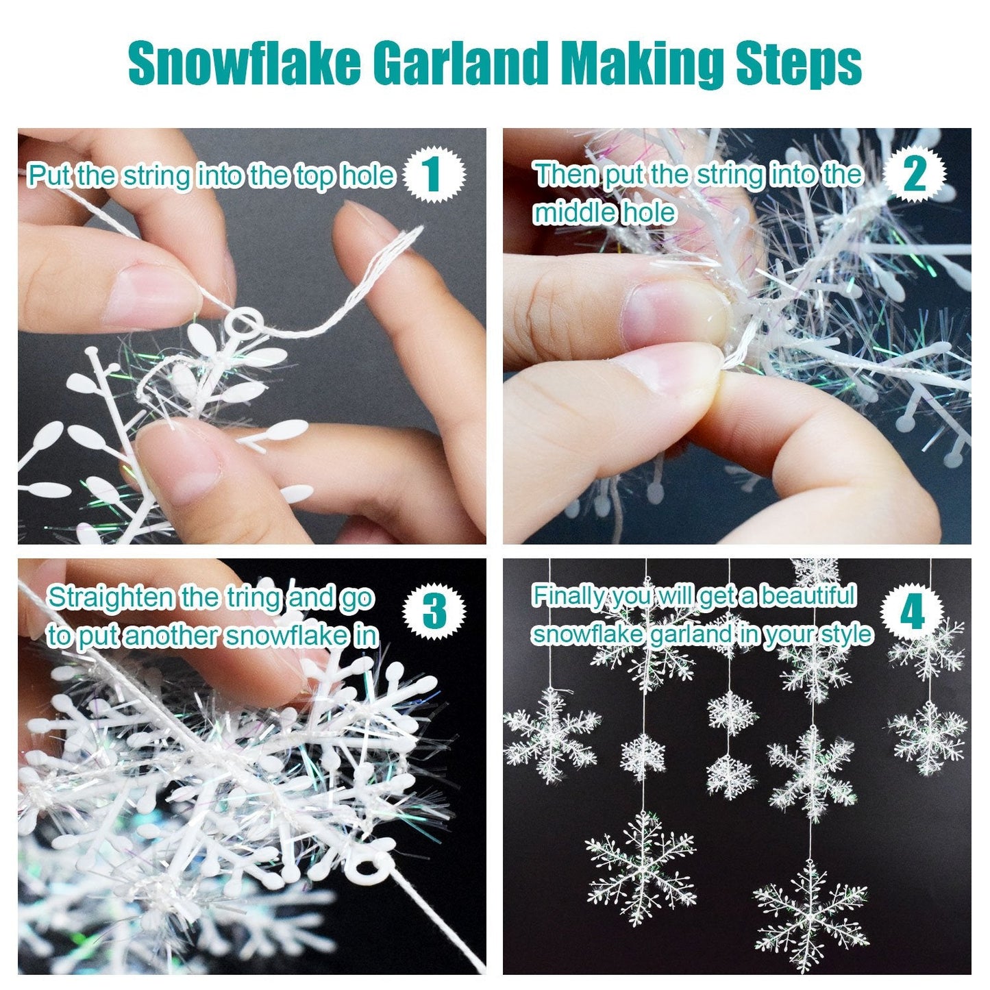 BTNOW 63 Pieces 4 Sizes White Christmas Snowflake Decorations Snowflake Ornaments Garland, 8 Meters White Strings and 60 Pieces Round Double Side Tape for Home Christmas Holiday Party Decorations