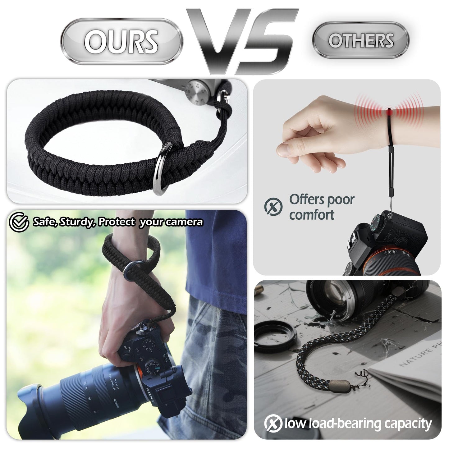 AQAREA Camera Wrist Strap for DSLR Mirrorless Camera, Quick Release Camera Hand Strap with Safer Connector（Black）
