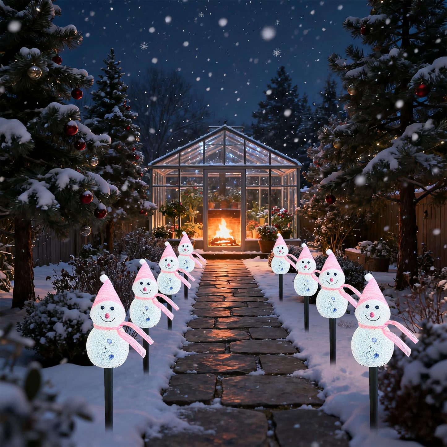 Taoushuleng Christmas Pink Snowman Pathway Lights, Solar Powered Snowman Light with 4 Stakes with 8 Lighting Modes for Pathway, Winter Yard, Garden Decor (Pink Snowman)