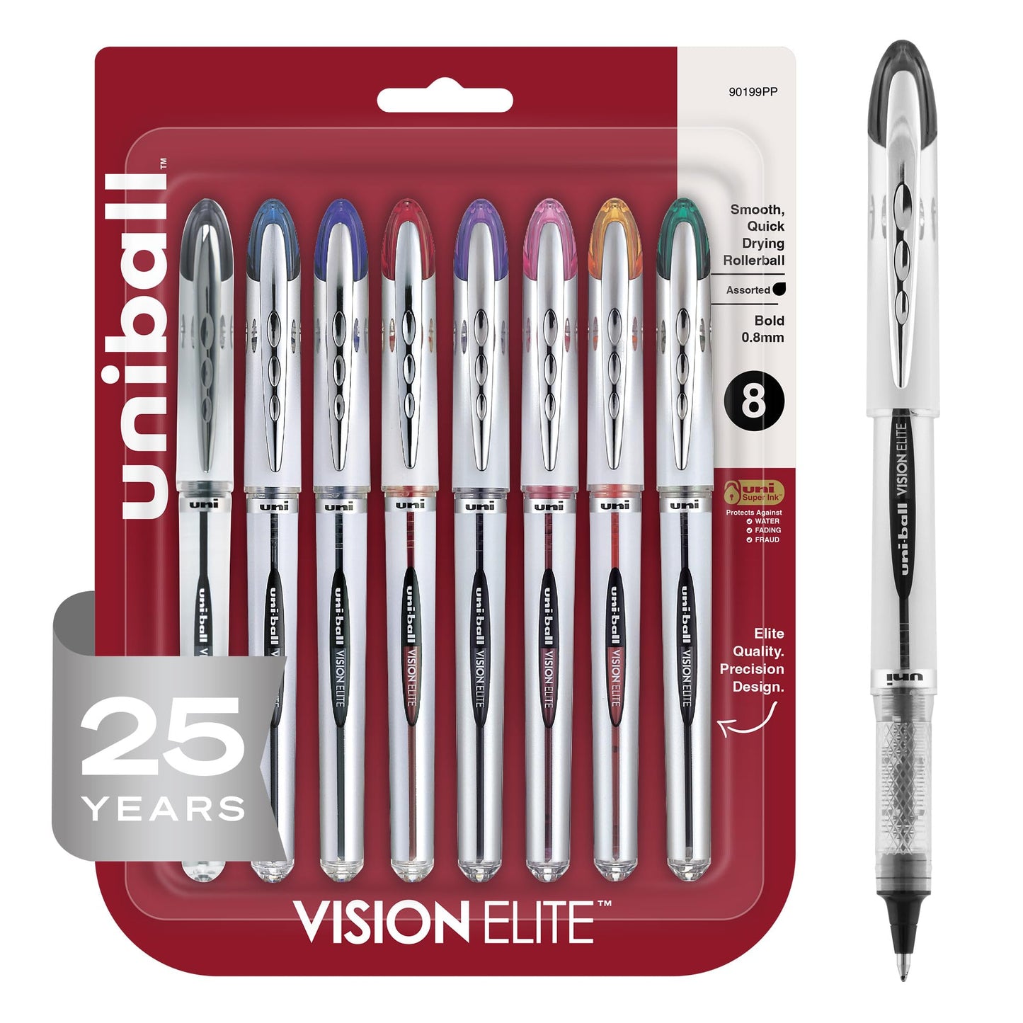 uni-ball® Vision™ Elite™ Liquid Ink Rollerball Pens, Bold Point, 0.8 mm, Black Barrel, Assorted Ink Colors, Pack Of 8